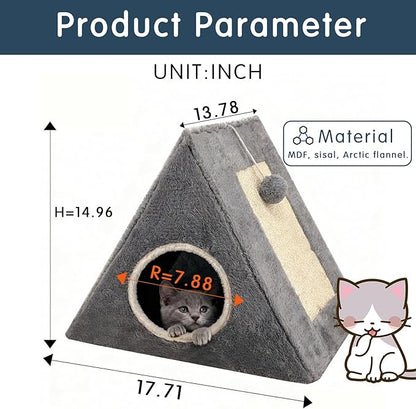 Cat Beds for Indoor - 2 in 1 Cat Cave House Tent for Kittens and Small Pets with Fluffy Ball Hanging and Scratch Pad,Foldable Kitten Hideaway with Non-Slip Bottom, Grey, 17 inches