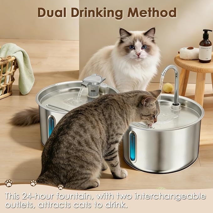 Stainless Steel Cat Water Fountain, 135oz/4L Automatic Pet Water Dispenser with 3 Replacement Filters & 2 Replacement Water Outlets, Quiet Indoor Drinking Fountain for Cats Dogs, Water Level Window