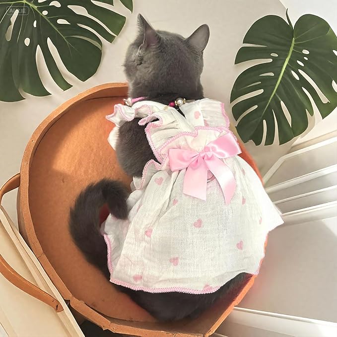 Dog Dresses for Small Dogs Girl Female Dog Cat Clothes Dress Cute Cotton Extra Summer Clothes Bow Decor Printed Love Birthday Outfit Puppy Clothes (Light Pink, Small)
