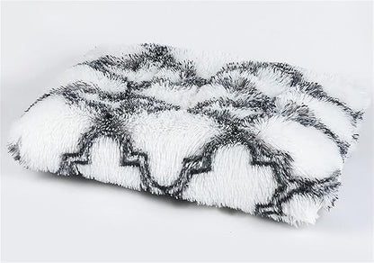 Liveinu Long Plush Calming Pet Bed Cuddler Pet Bed for Dogs and Cats Fluffy Faux Fur Dog Bed with Anti Slip Bottom Machine Washable Pet Sleep Bed Crate Mat Geometric White 2XL