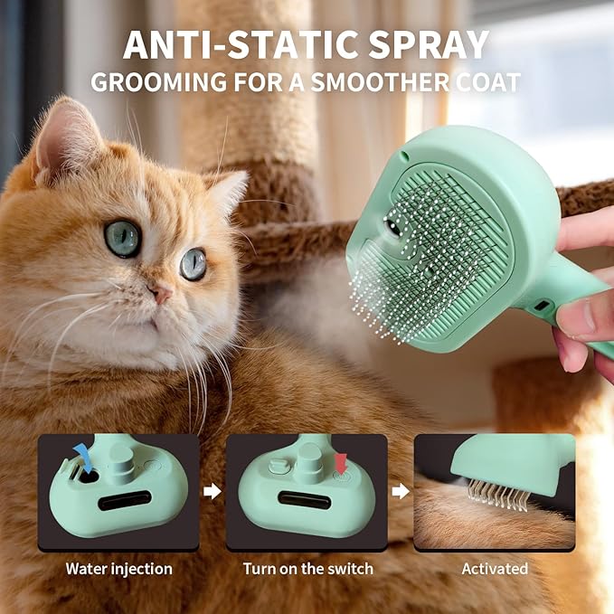 Pecait Cat Steam Brush for Shedding, 3 In 1 Steam Pet Brush Self Cleaning, Dog Brush for Long and Short Hair Dogs and Cats, Pet Grooming Comb Remove Tangled Loose Hair, Type-C Fast Charging (Green)