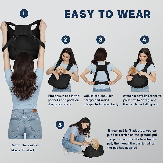 Dog Sling Carrier for Small Dogs with Bottom Support, Adjustable Pet Front Dog Carrier-Padded Straps Reducing Back Neck Pain, Anti-Anxiety Backpack for Travel Hiking Camping, Hands Free (Grey,S)