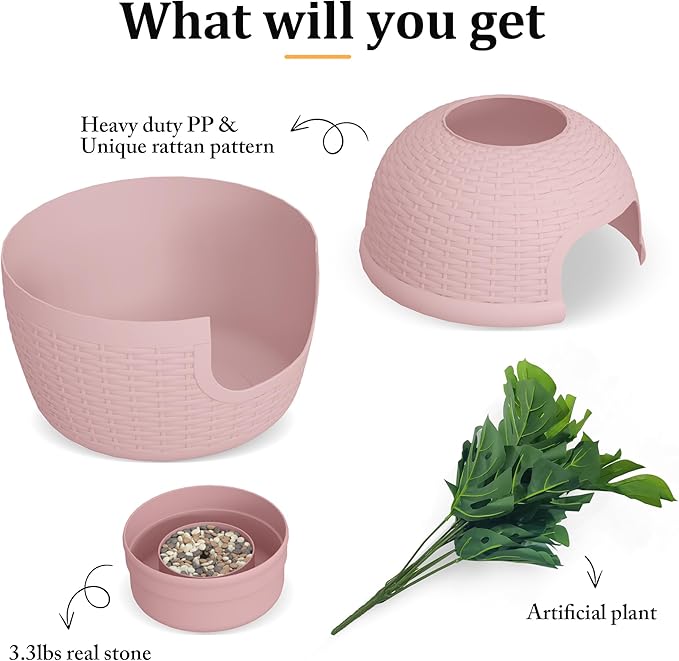 Cat Litter Box, Hidden Litter Box with Faux Plant, Heavy Duty Litterbox Enclosure Furniture with Rattan Pattern, PP Cat Box Enclosure Furniture for Living Room, Bedroom, Pink