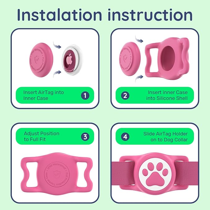 IP68 Waterproof Dog AirTag Holder for Dog Collar, Soft, Stretchy Silicone | Full-Body Protection, Easy Tool-Free Installation, Quiet, No-Dangle Fit, Lightweight, Fits Dog & Cat Collars of All Widths