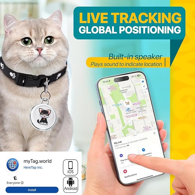 Cat Tracker Collar-Cat GPS Tracker-GPS Tracker for Cats| Dual-System Tracker | Android and iOS Universal | No Monthly Fee | Waterproof | Works with Any Collar