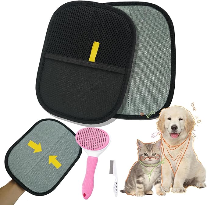 Pet Hair Remover Gloves 2 Pack with Comb, Reusable Electrostatic Pet Hair Removal Mitt for Couch, Car Seats, Clothes & Bedding, Dog & Cat Fur Remover for Furniture & Upholstery