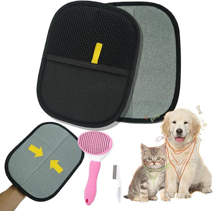 Pet Hair Remover Gloves 2 Pack with Comb, Reusable Electrostatic Pet Hair Removal Mitt for Couch, Car Seats, Clothes & Bedding, Dog & Cat Fur Remover for Furniture & Upholstery