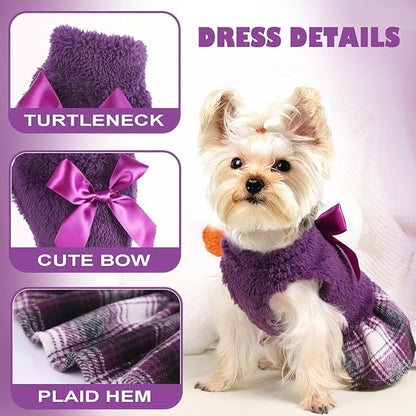 Dog Sweaters for Small Dogs Girl, Sweater Dress, Plaid Hem, Turtleneck, Fluffy Female Clothes Winter Warm Pet Fuzzy Puppy Coat Apparel Outfit Yorkie Chihuahua Clothes,M,Purple