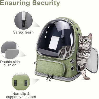 Cat Backpack Carrier, Breathable Cat Carrier Large Space Bubble Pet Backpack for Kitty Small Dog up to 20lbs, Transparent & Foldable Pet Carrier for Travel Hiking, Green