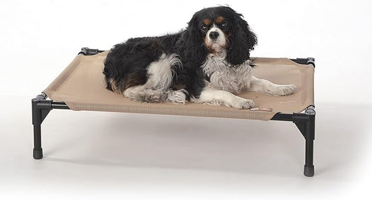 K&H Outdoor Elevated Dog Bed - Cooling Raised Dog Bed for Small & Medium Pets, Breathable Mesh Hammock Design, Indoor/Outdoor Washable Cover, Portable Metal Frame, Tan, Medium 32x25in