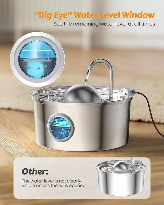 AONBOY Cat Water Fountain with Water Level Window, 108oz/3.2L Cat Fountain Stainless Steel, 6Filters + 3Sponge Filters, Faucet Shape Dog Water Fountain, Double Noise Reduction Design, Multi Filtration