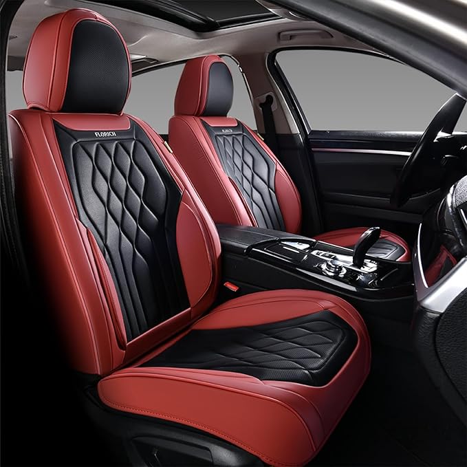 FLORICH Automotive Seat Covers Full Set, Leather Car Seat Protector, Waterproof Seat Covers for Cars, Black and Red Seat Protector Universal Fit Most Vehicles (Red&Black)