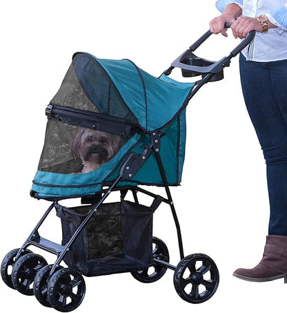 Pet Gear No-Zip Happy Trails Lite Pet Stroller for Cats/Dogs, Zipperless Entry, Easy Fold with Removable Liner, Safety Tether, Storage Basket + Cup Holder, 3 Colors