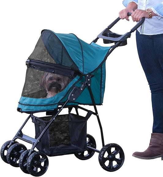 Pet Gear No-Zip Happy Trails Lite Pet Stroller for Cats/Dogs, Zipperless Entry, Easy Fold with Removable Liner, Safety Tether, Storage Basket + Cup Holder, 3 Colors