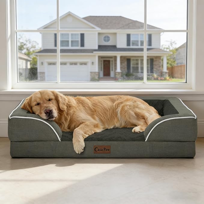 Orthopedic Dog Beds for Large Sized Dogs, Waterproof Memory Foam Large Pet Bed with Sides 35x22Inch, Non-Slip and Egg-Crate Foam Big Dog Couch Bed with Removable Washable Cover, Dark Green