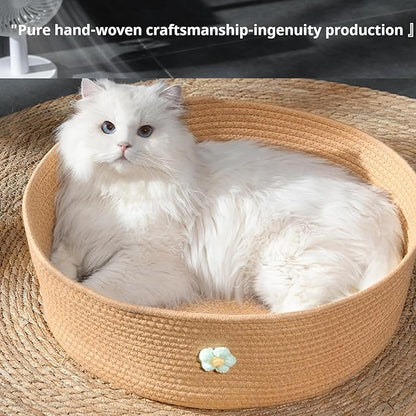 Woven Cat Bed,Warm Cute Sleeping Nest Basket, Lovely Calming Round Soft Litter Mat Cushion for Pets to Sharpen Claws,Handmade Natural Pets Cradle for Kitten with Removable Cushion,L:(18-30catties)