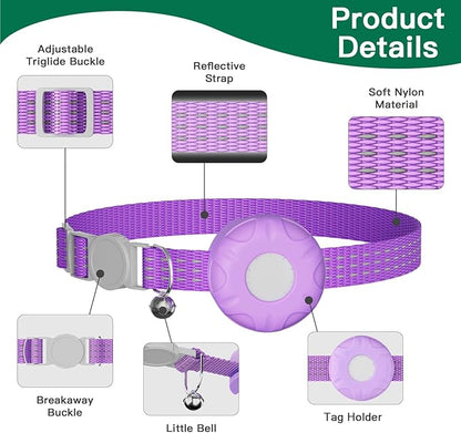 Cat Tracker Collar,No Monthly Fee Cat Tracker Works with Apple Find My App(Only iOS),GPS Tracker for Cats,Real-Time Location Pet Tracking|Safety Collar and Tracker Holder Included-Purple