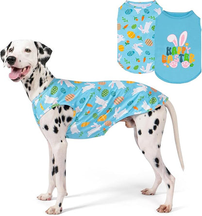 KYEESE 2Pack Easter Dog Shirt, Breathable Tank Top Sleeveless Dog T Shirts for Medium Large Dogs Boy Girl, Lightweight Dogs Clothes Pet Outfit for Holiday, Blue+Bunny, 2XL