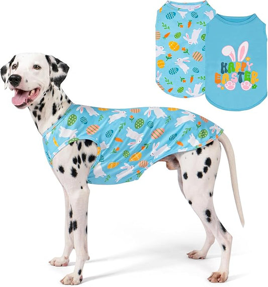 KYEESE 2Pack Easter Dog Shirt, Breathable Tank Top Sleeveless Dog T Shirts for Medium Large Dogs Boy Girl, Lightweight Dogs Clothes Pet Outfit for Holiday, Blue+Bunny, 2XL