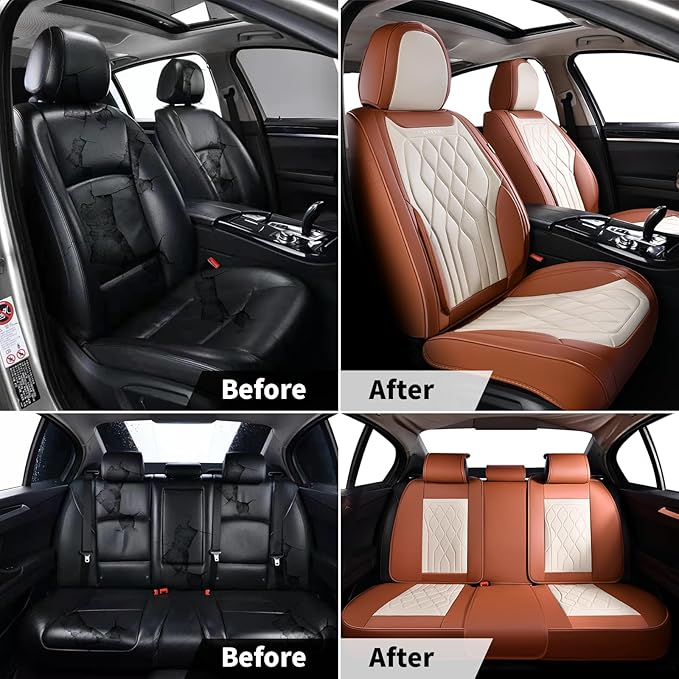 FLORICH 2 Pack Car Seat Covers, Front Luxury Leather Waterproof Seat Covers for Cars, Car Seat Protector Automotive Car Accessories Universal Fit for Cars, Trucks, SUVs - Brown&Beige