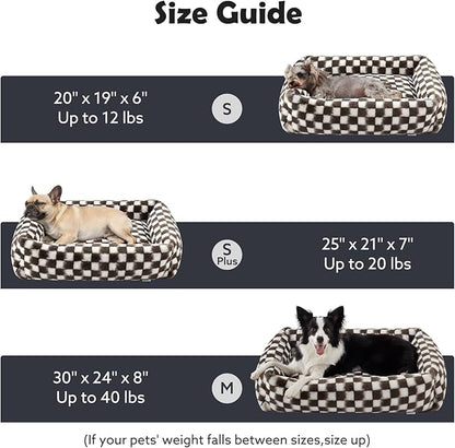 JOEJOY Small Dog Bed for Small Dogs, Removable Washable Cover Orthopedic Soft Faux Rabbit Fur Pet Bed, Anti-Slip Fluffy Plush Puppy Bed, 20"x19"x6", Checkered, Brown