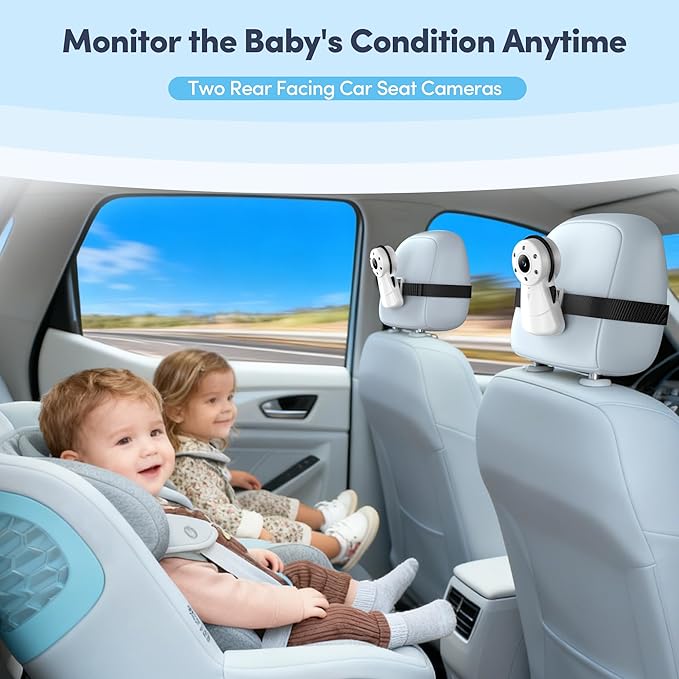 2-Kids Baby Car Camera Dual Monitor – 7 Inch Display with Two Rear Facing Car Seat Cameras, 1080P HD Night Vision IR-CUT, USB Powered Plug and Play Backseat Baby Monitor for Infant & Toddler Safety