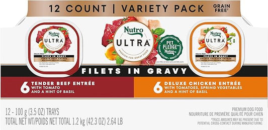 Nutro Ultra Wet Dog Food Grain Free Filets, Adult Dog Food Wet Recipe in Gravy Beef & Deluxe Chicken Variety Pack, 3.5 oz. Trays (12 Count, Pack of 1)