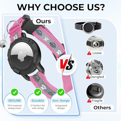 Breakaway AirTag Cat Collar, Reflective Cat Tracker Collar with Air Tag Holder and Bell, Safety Elastic Band Cat GPS Collars for Girl Boy Cats, Kittens and Puppies (Hotpink, 8-13'')