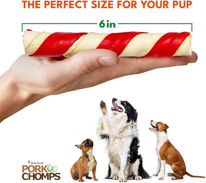Pork Chomps Baked Pork Skin Dog Chews, 6 Inch Twists, 12 Count - Assorted Flavors - Long-Lasting Treats for Dogs - High Protein, Rawhide-Free, Low Fat, Healthy & Delicious Chews