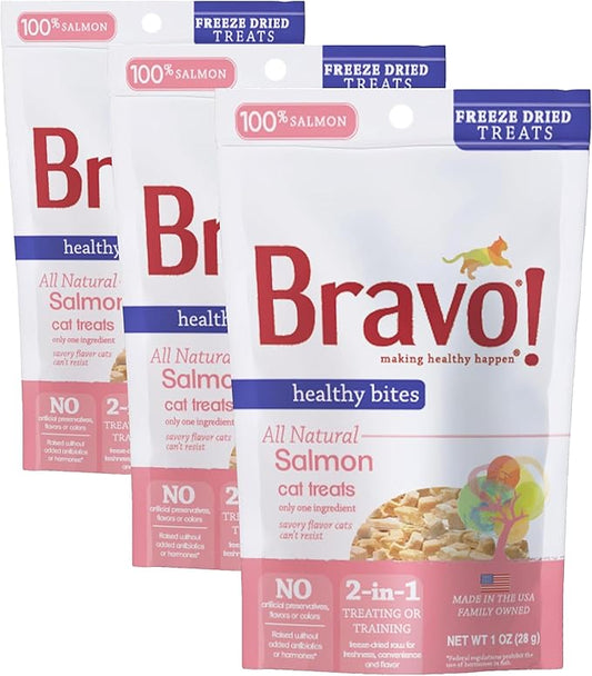 Bravo! Healthy Bites Single Ingredient Freeze Dried Raw Cat Treats, Salmon, 1 Ounce, High Protein, Grain Free, Gluten Free (Pack of 3)
