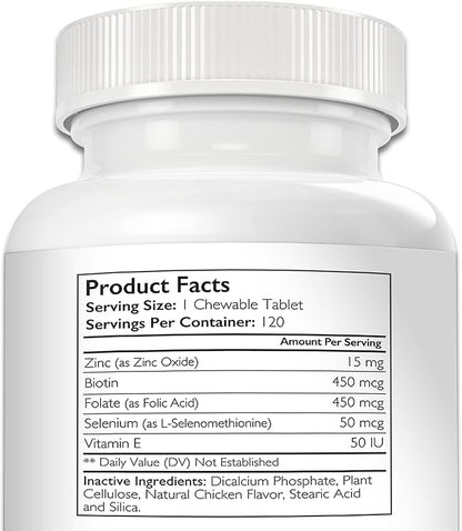 Zinc for Dogs to Support Healthy Skin & Coat, Promote Normal Growth, Balanced Immune Function & Cellular Metabolism, with Biotin, Folate, Selenium & Vitamin E, 120 Chewable Tablets