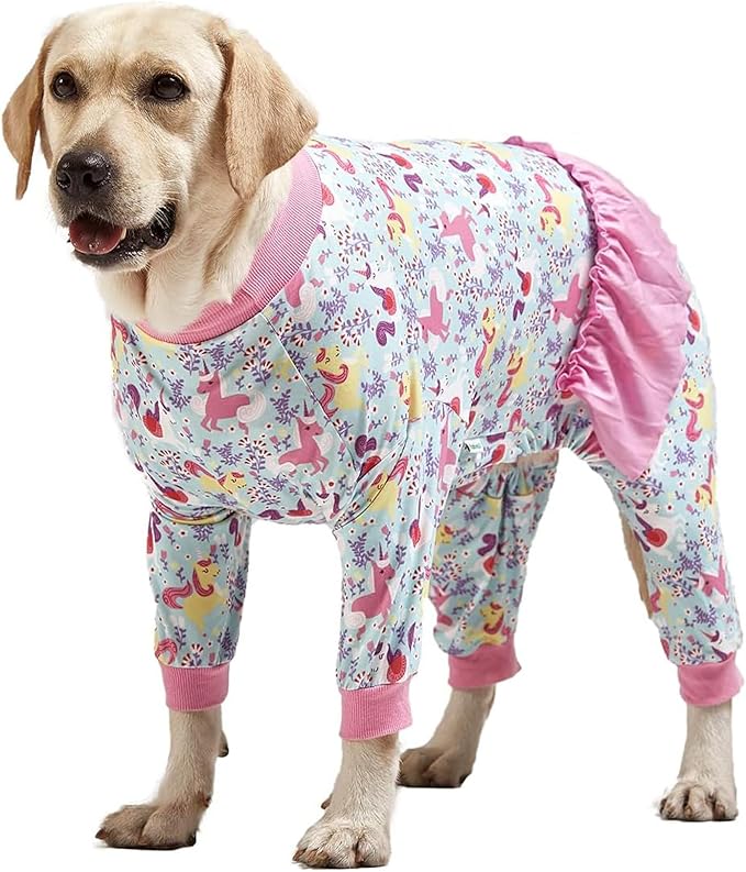 LovinPet Large Breed Dog Pajamas Onesie, Lightweight Stretchy Knit Dog Jammies, Unicorn Seafoam Print, Stop Shedding for Dogs, Pet Pajamas for Dogs, Pet PJ's, L