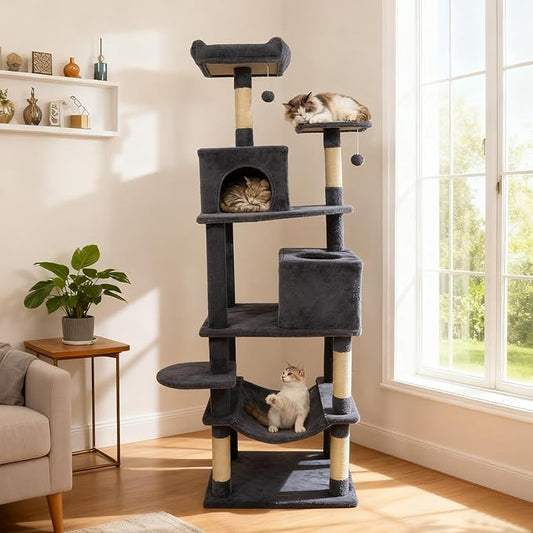 DORTALA 75" Tall Modern Cat Tree, Multi-Level Cat Tower with Large Condos, Sisal Scratching Posts, Top Perch, Hammock, Dangling Balls, Kitten Beds & Climbing Furniture for Indoor Cats (Grey)