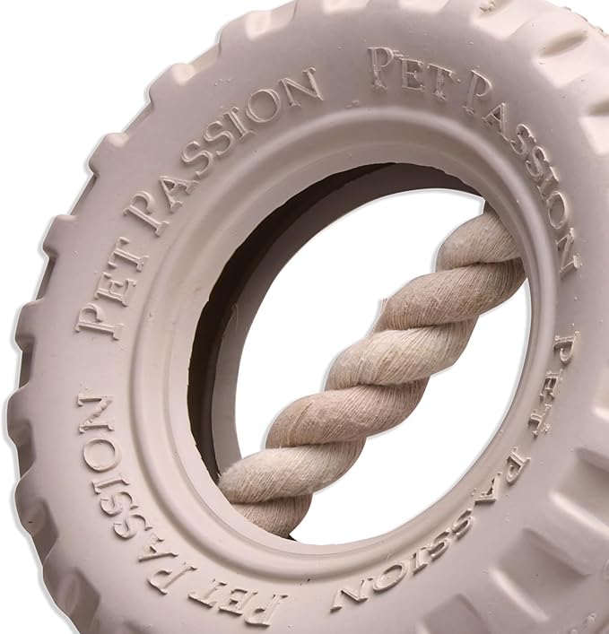Pet Passion Natural Rubber Tire and Organic Cotton Rope Pull and Chew Dog Toy for All Pet Breeds, Almond Milk, Medium