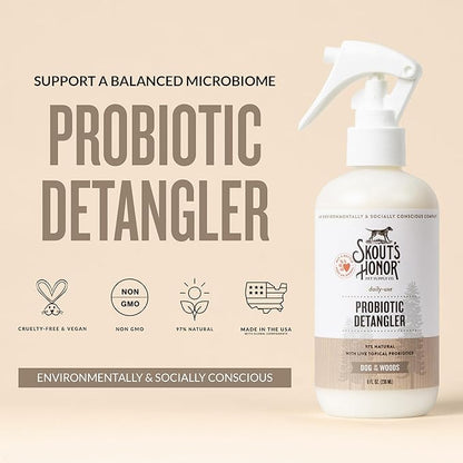 Skout's Honor Probiotic Pet Detangler Spray - Hydrating & Conditioning with Avocado Oil, 97% Natural, Paraben & Sulfate-Free, softens for a More brushable Coat, Daily Use, 8oz, Dog of The Woods
