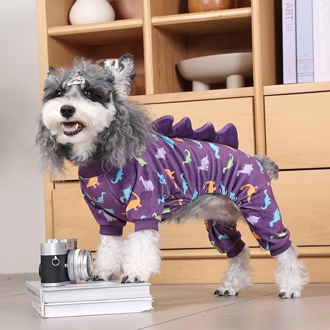 CuteBone Dinosaur Costume Dog Pajamas, Stretchy Spandex Crystal Velvet Sleepwear Coat for Small Dogs, Soft & Warm Pet Outfit Clothes for Cold Weather, Cozy Pullover Design COSP04XL