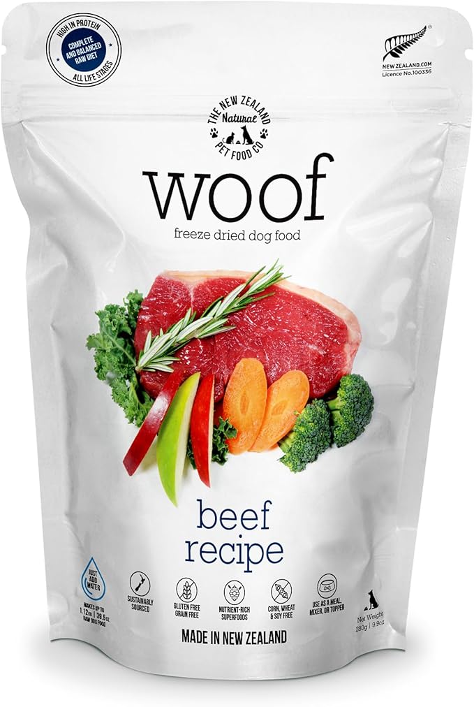 The New Zealand Natural Pet Food Co. WOOF Freeze Dried Dog Food - Beef Recipe, High Protein, Use as a Complete Diet, Dog Food Topper, Mixer, or as Dog Treats, All Life Stages, 9.9 oz