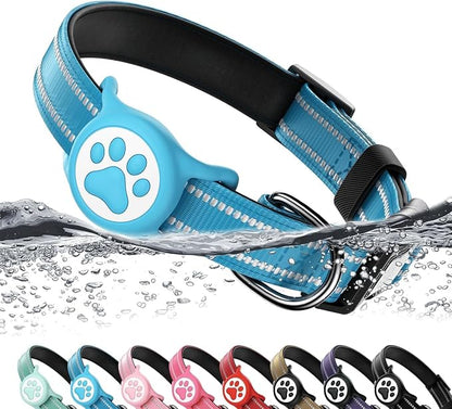 Airtag Dog Collar, Reflective Ultra-Durable Nylon Padded with QR Buckle & IP68 Waterproof Air Tag Holder Compatible for Apple AirTag, Comfortable for Small Medium Large Dogs (Blue, XL)