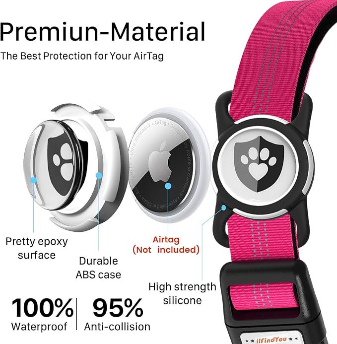 Reflective Dog Collar with AirTag Holder for Medium Dogs Soft Nylon Rose Red Sized M