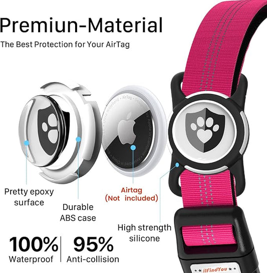 Reflective Dog Collar with AirTag Holder for Medium Dogs Soft Nylon Rose Red Sized S