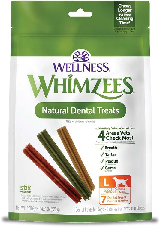 Whimzees Wellness Stix Dog Dental Treat, Chews, Freshens Breath, Large Size Sticks, 14.81 oz Bag, 7 Count