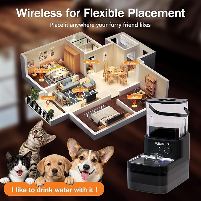 Wireless Cat Water Fountain, Wastewater Separation No Filter Cotton 3L Automatic Cat Water Dispenser Ultra Quiet Stainless Steel Pet Water Fountain for Cats Small Dogs Multiple Pets Indoor