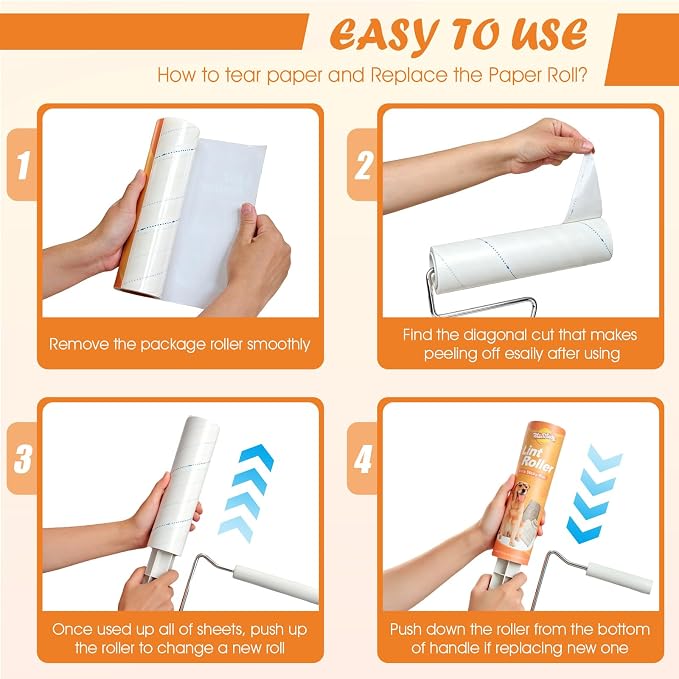 WulaWindy Long Handle Lint Roller for Pet Hair, 450 Sheets, 5 Rolls | Wide lint roller with extendable handle, 450 easy-tear sheets and storage base for pet hair on floors, sofas and carpets.