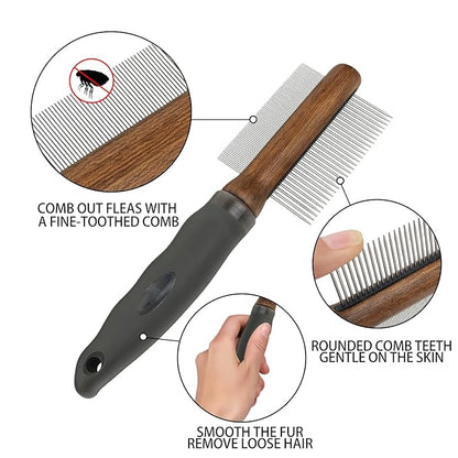 2-in-1 Dog Dematting&Deshedding Comb with Wooden Handle Double-Sided Fine&Wide Tooth Dematting Comb Pet Flea Comb for Dogs and Cats Gentle Remove Loose Hair Tangles Dirt Fleas
