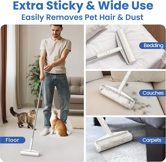 DELOMO 9.45" Large Lint Roller for Floors Carpet Furniture Bed Couches Rug | Big Sticky Roller with 360 Extra Sticky Sheets, 45" Long Handle for No-Bending Cleaning Pet Hair, for Dog Cat Owners Homes