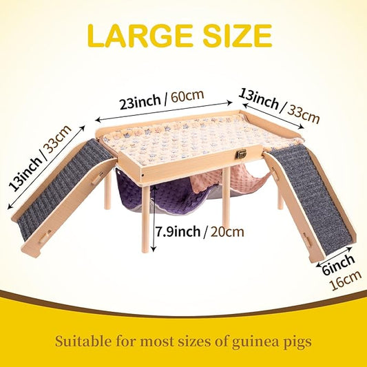 BESNEW Enlarged Guinea Pig Hammock with Platform and Stairs,Wooden Foldable Piggies Hideout for Guinea Pigs Bunny Ferret Hamster Hiding Sleeping Activities 24L x 12W x 11H in（Double）