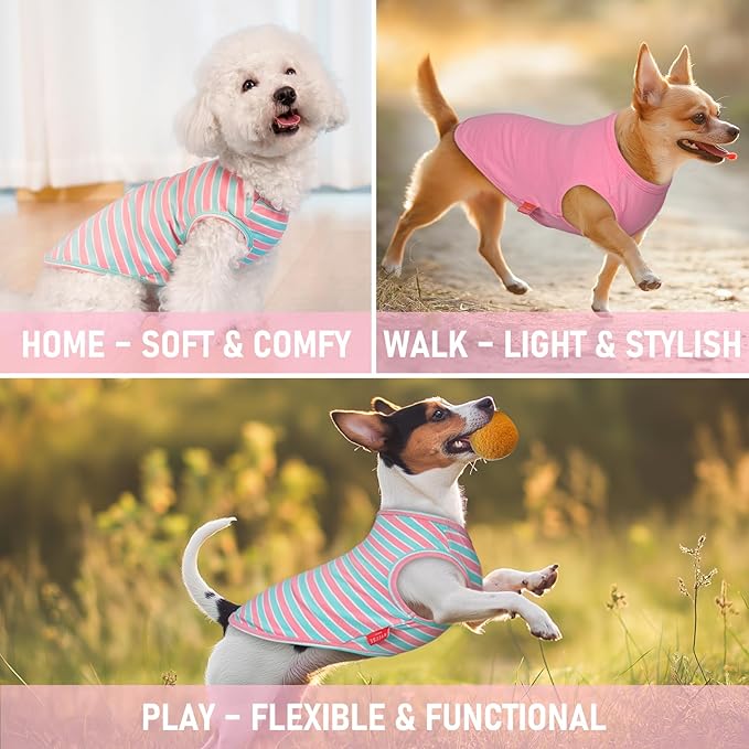 KYEESE 2Pack Dog Shirt, Soft Striped Dogs T Shirts, Lightweight Doggie Tank Top Cat Clothes, Sleeveless Dog Shirt for Small Dogs, Stretchy Pet Vest, Pink, Medium