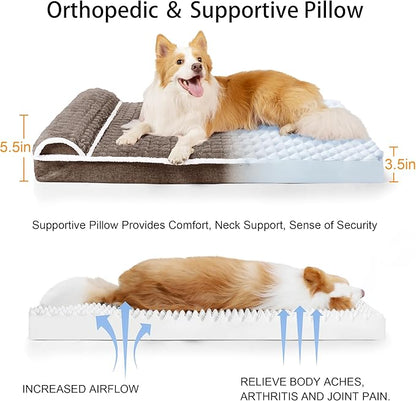 Orthopedic XL Dog Bed Large Sized Dog with Pillow 48''X30'', Waterproof Soft Comfortable Egg Crate Foam Pet Crate Beds Mat with Removable Washable Cover and Non-Slip Bottom, Taupe