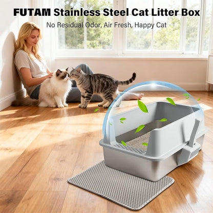 2PACK Stainless Steel Litter Box, Extra Large Cat Litter Boxes for Big Cats, XL Metal Cat Litter Box with High Sides Lid, Anti-Urine Leakage, Non-Sticky, Scoop and Mat Included