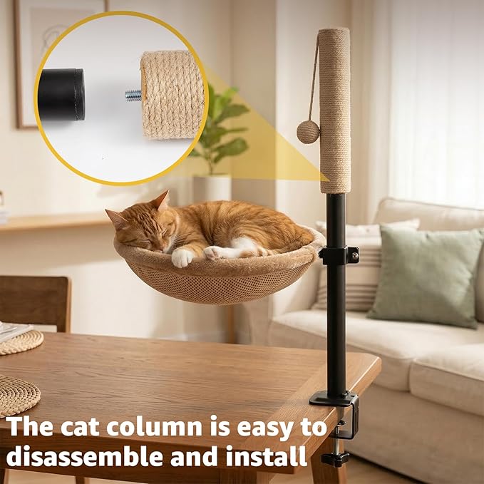 Cat Desk Bed with Scratching Post - Adjustable Height & 360° Rotation, Reversible Machine Washable Cover, Space-Saving Clamp-On Design for Office Desks, Sturdy Support for Indoor Cats